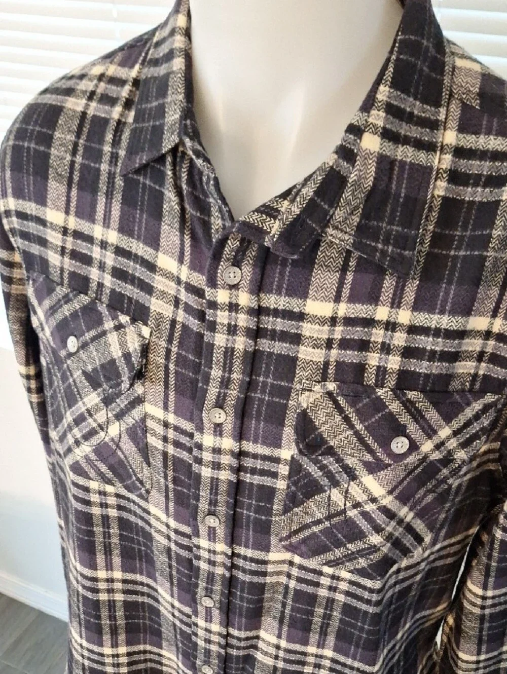 True Religion Black, Cream and Purple Plaid Button-Down Shirt
